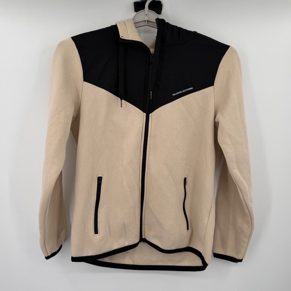 Hollister Mens Fleece Full Zip Hoodie Tan Black Colorblock Jacket Medium